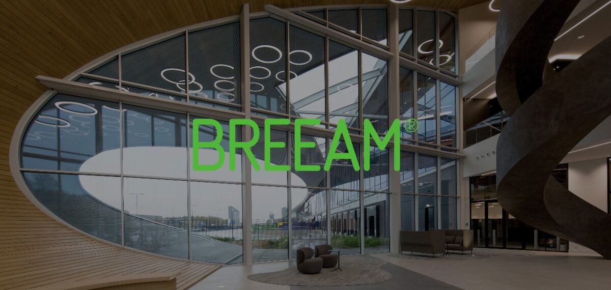 BREEAM logo in front of glass façade.